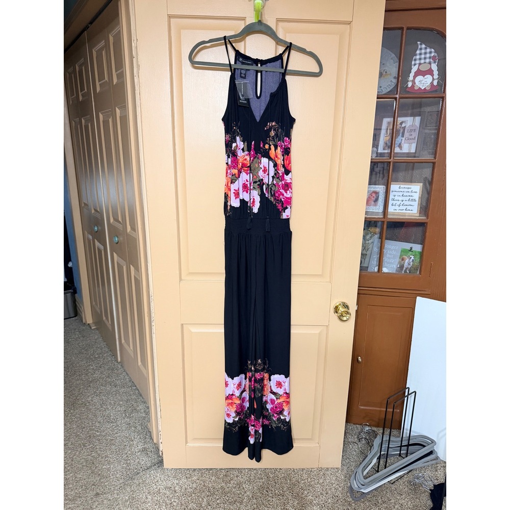 INC International Concepts Womens XS Black Floral Halter Wide Leg Jumpsuit NWT